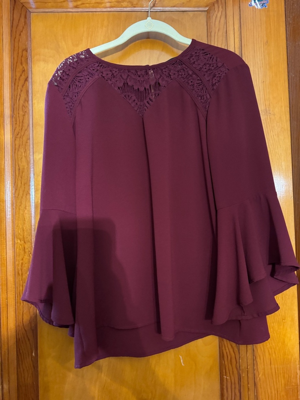41 Hawthorne Lace Yoke Bell Sleeve Blouse - Burgundy